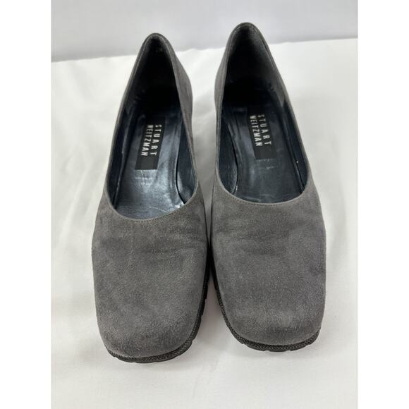Stuart Weitzman Low Heel Pumps Dark Grey Suede Size 8 Square Toe Low Block Heel - Picture 12 of 14